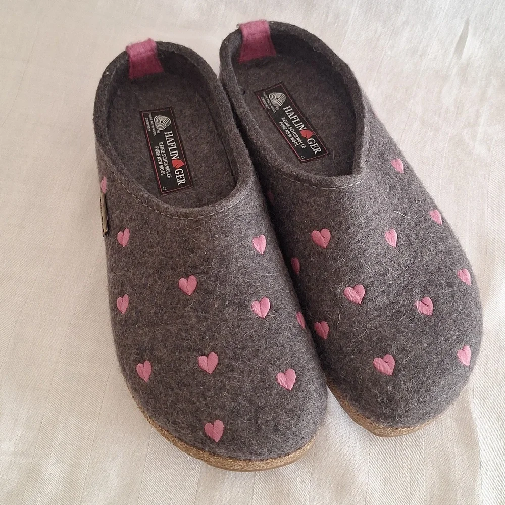 Haflinger Cuoricini Gray Wool slip-on clog slipper pink hearts size 10